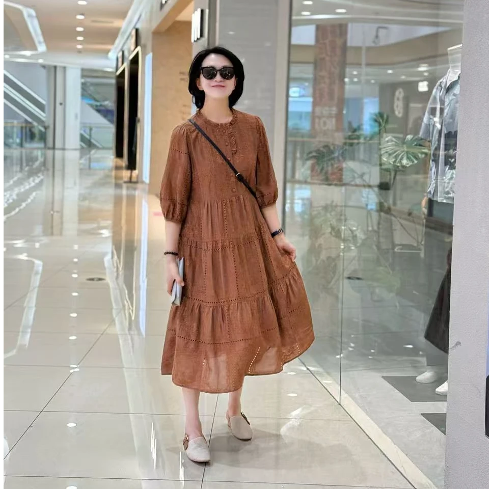 YGC【邂逅优雅】刺绣气质宽松显瘦桑蚕丝连衣裙250405