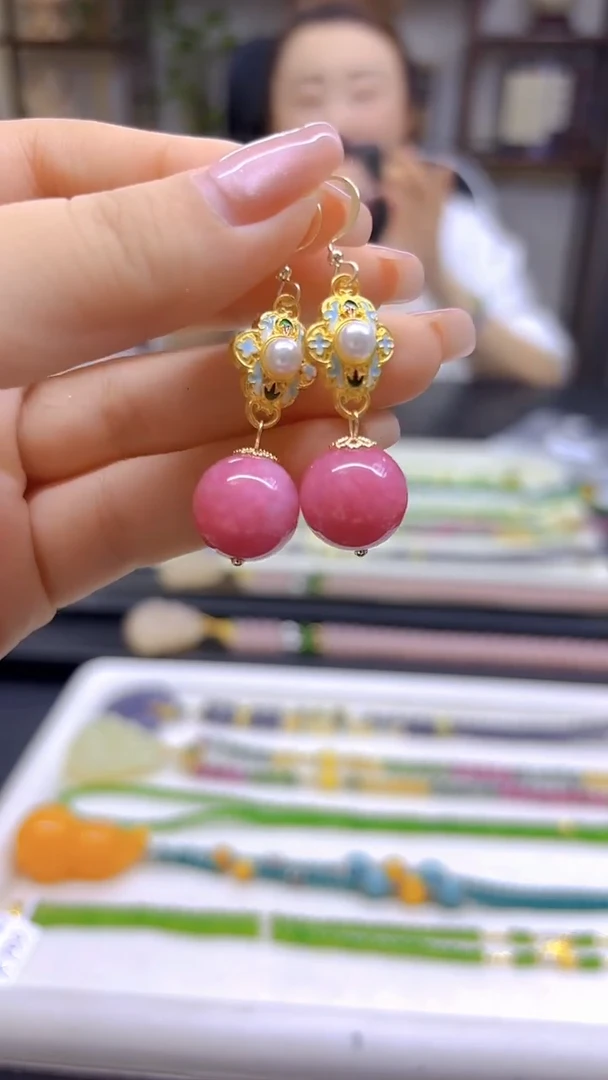 菱锰矿（红纹石）14K金镶嵌耳饰DIY款E798