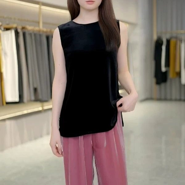 【100%桑蚕丝】背心 侧开叉下摆百搭无袖显瘦桑蚕丝丝绒背心K0032