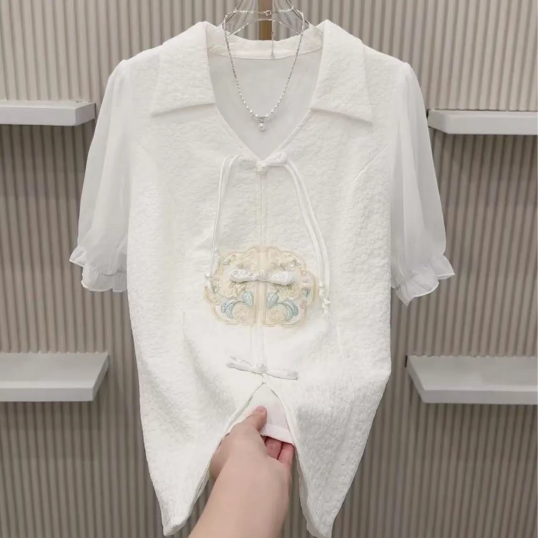 2025春季新款中式国风盘扣大码V领宽松显瘦百搭短袖半袖T恤