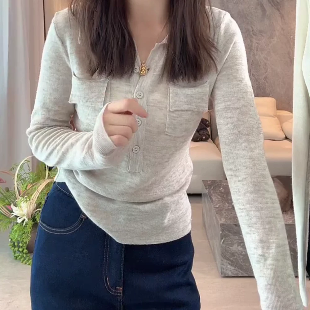 新款百搭基础款修身V领针织女早秋新款百搭小衫C5861