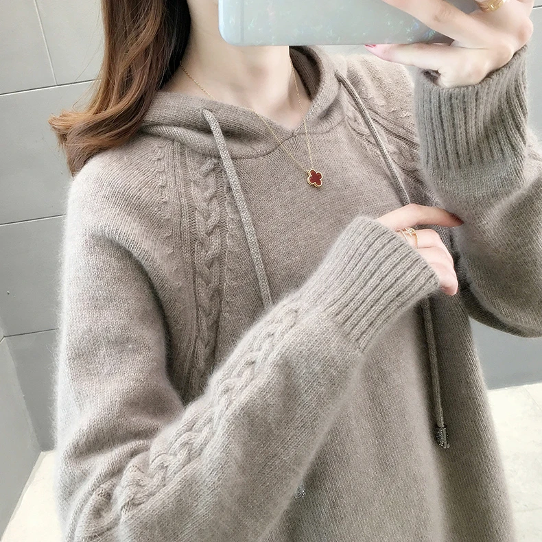 2312【斜麻花帽衫】秋季毛衣女士套头宽松外穿时尚连帽针织衫