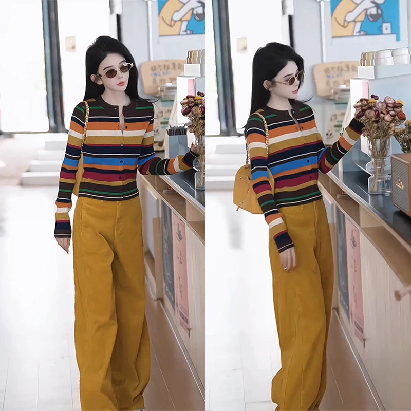 气质减龄彩色条纹显瘦针织衫上衣女小众修身高腰直筒休闲裤两件套