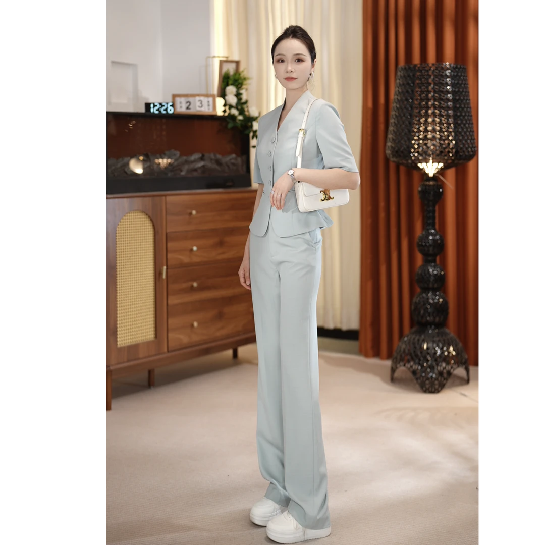 晚晚夏季新款短袖V领新中式西装套装女气质显瘦女神范通勤穿搭