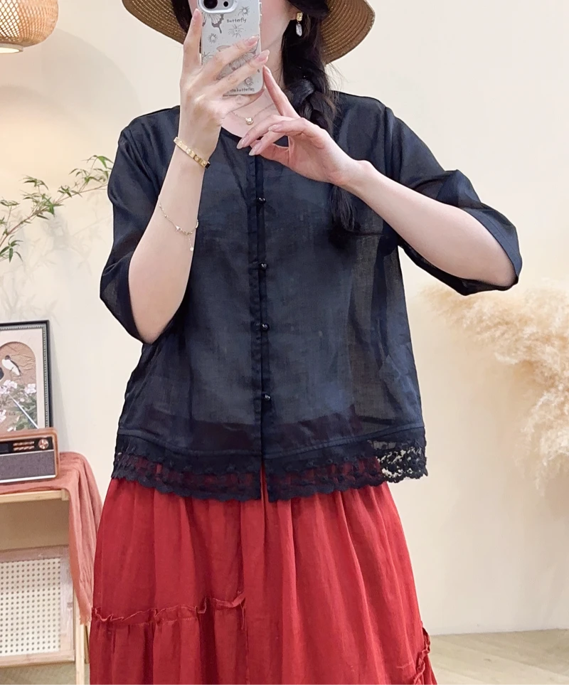 纯苎麻夏季蕾丝新中式不褪色V领衬衫衬衣小衫复古拼接黑色提花