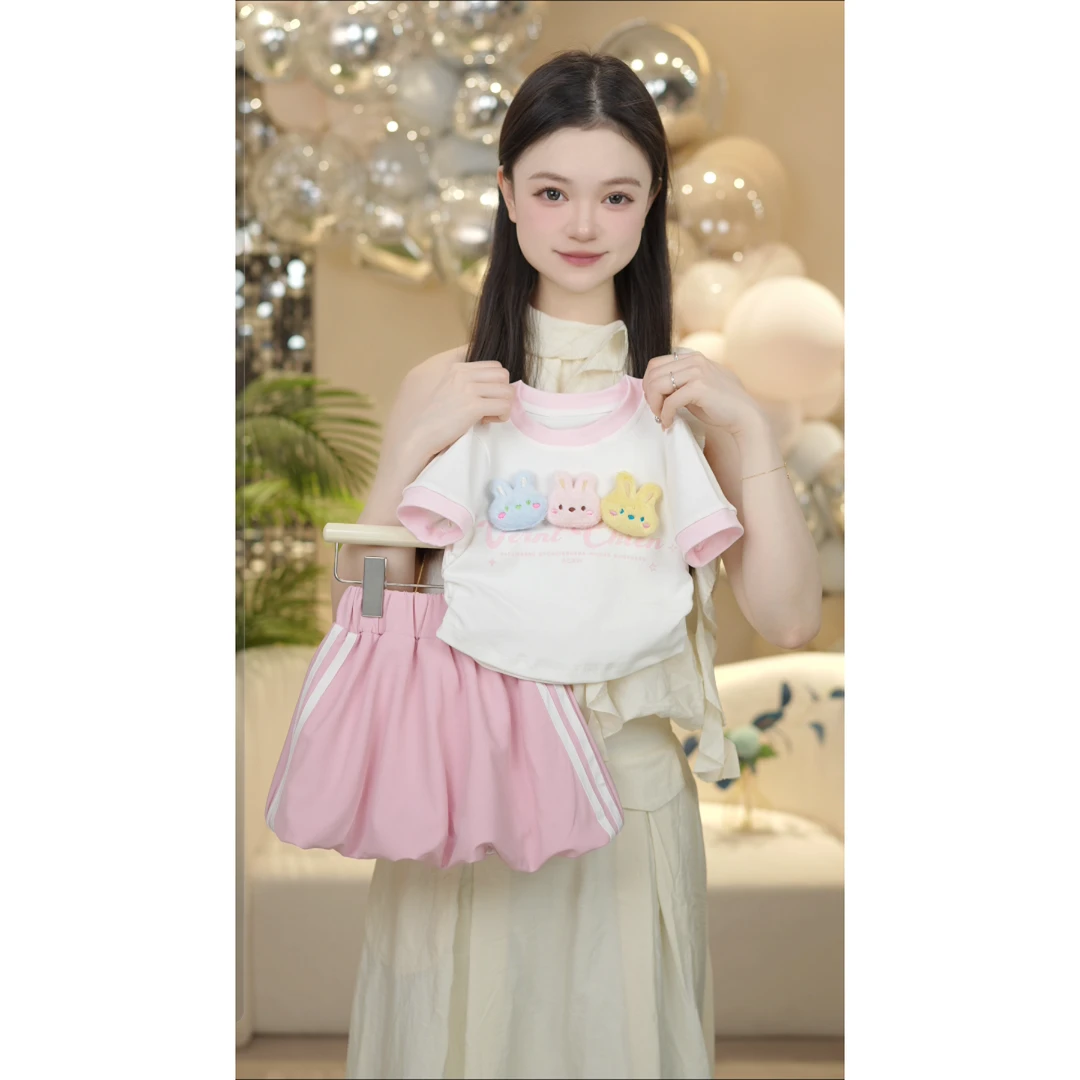 【MM】2025夏季女童原创设计短袖女童刺绣拼色圆领上衣裙裤套装