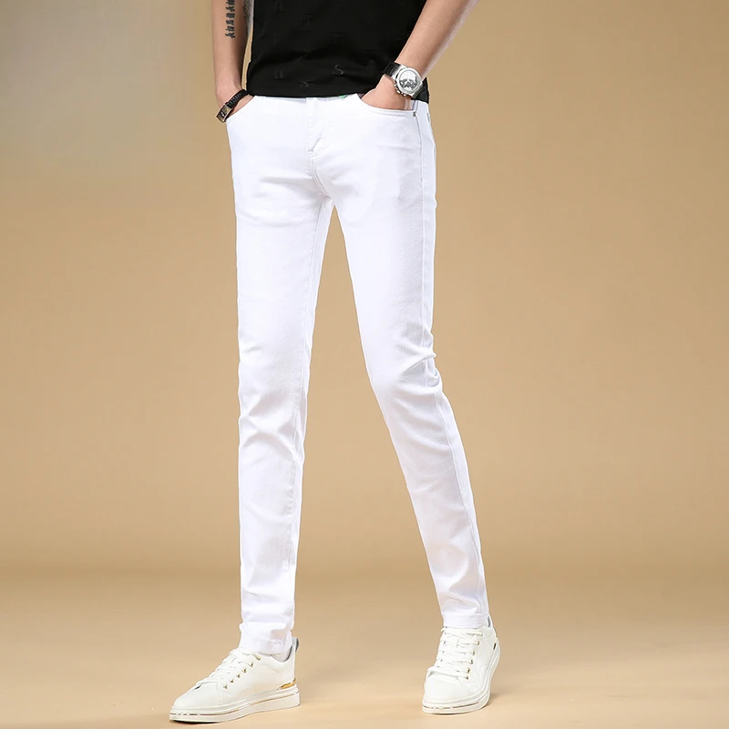 轻奢时尚男士休闲裤欧货新款男士白色牛仔裤韩版潮流修身小脚裤子