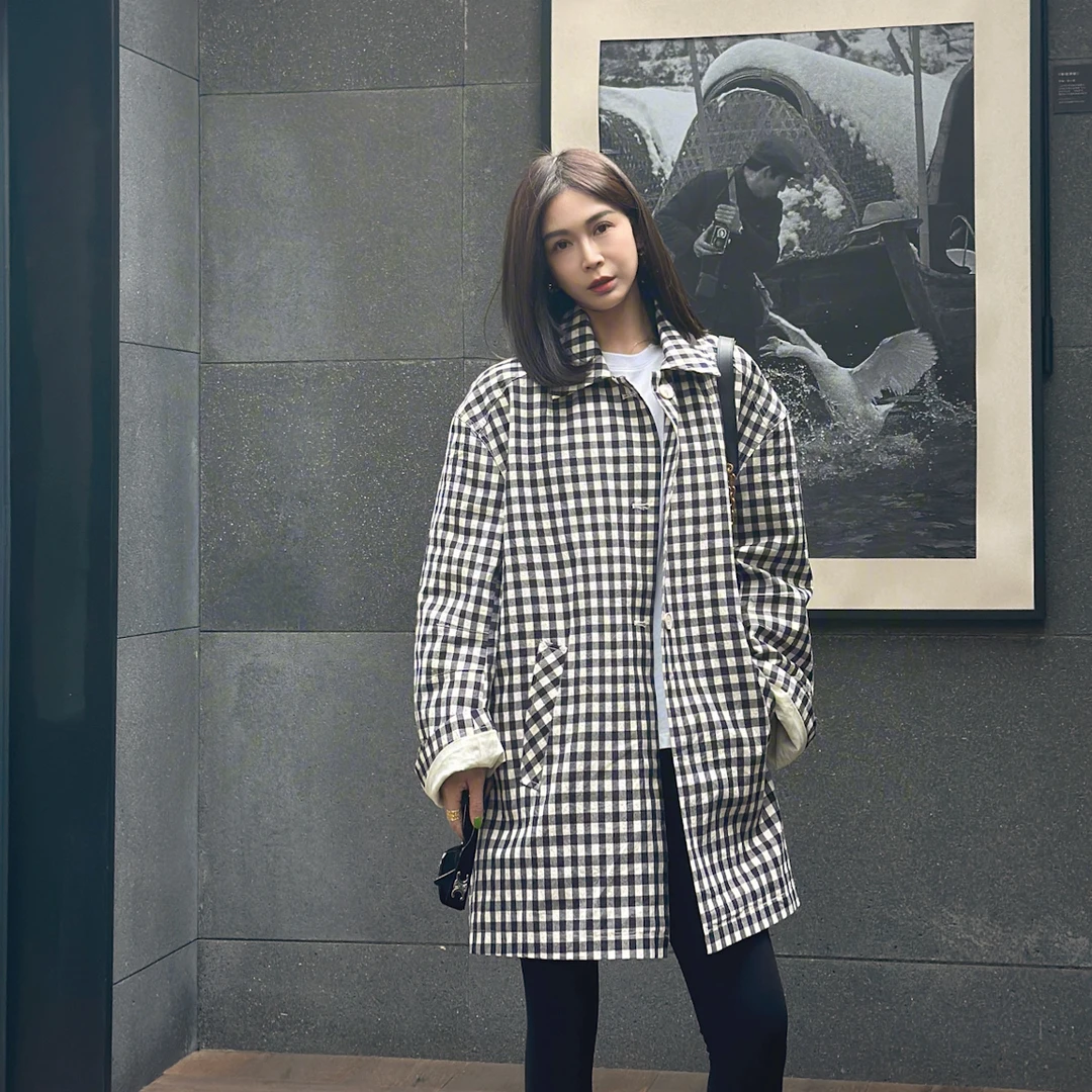 LYXZ x 大小与【暮色】春季新款时尚宽松洋气百搭翻领格子外套76161