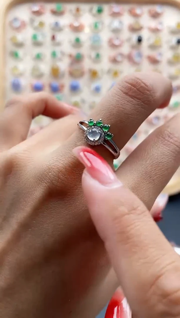 【闪购商品】翡翠戒指银S925镶嵌缅甸天然A货翡翠111 4+9