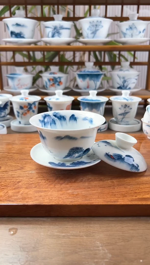 微瑕千里江山180ml三才盖碗內绘