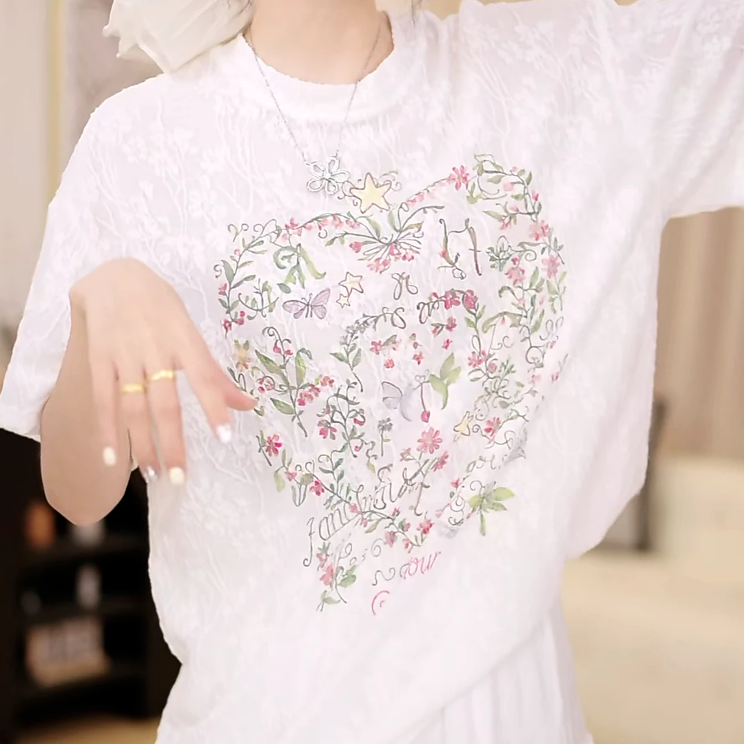 设计感花丛蕾丝浮雕花短袖T恤女2025夏季新款休闲圆领正肩上衣ins