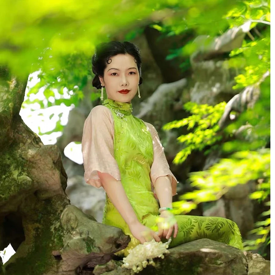 青梅•煮酒  top ulara 重工手工钉珠筒子领倒大袖假两件无省旗袍