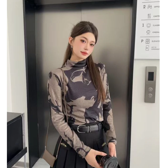 997【爆款】双面绒印花半高领离子发热德绒保暖长袖打底-水墨琉璃