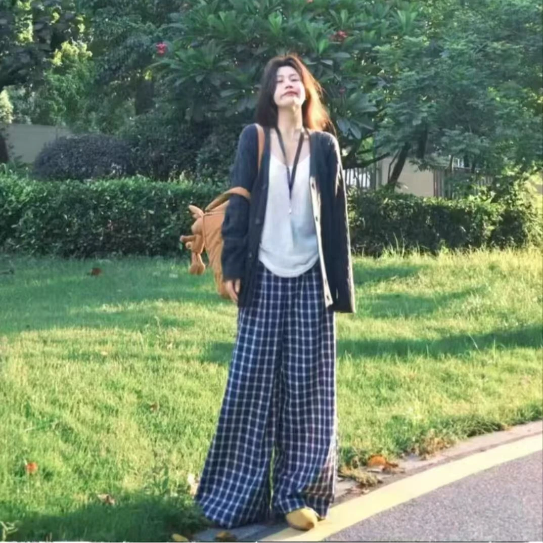 藏青色格子休闲裤+打底+外套女早春小个子港风垂感三件套