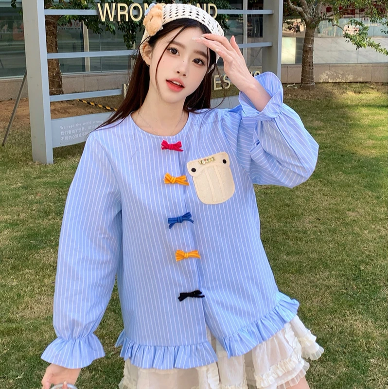 2025春装新款胖mm大码女条纹木耳边立体蝴蝶扣百搭长袖衬衣21223