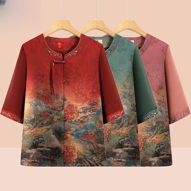 奶奶装夏装中袖舒适老人妈妈夏季国风开衫老太太上衣60--80岁薄款