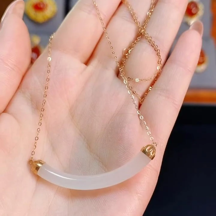 18k金天然和田玉白玉高冰弯管微笑链项链*精美款*玫瑰金色