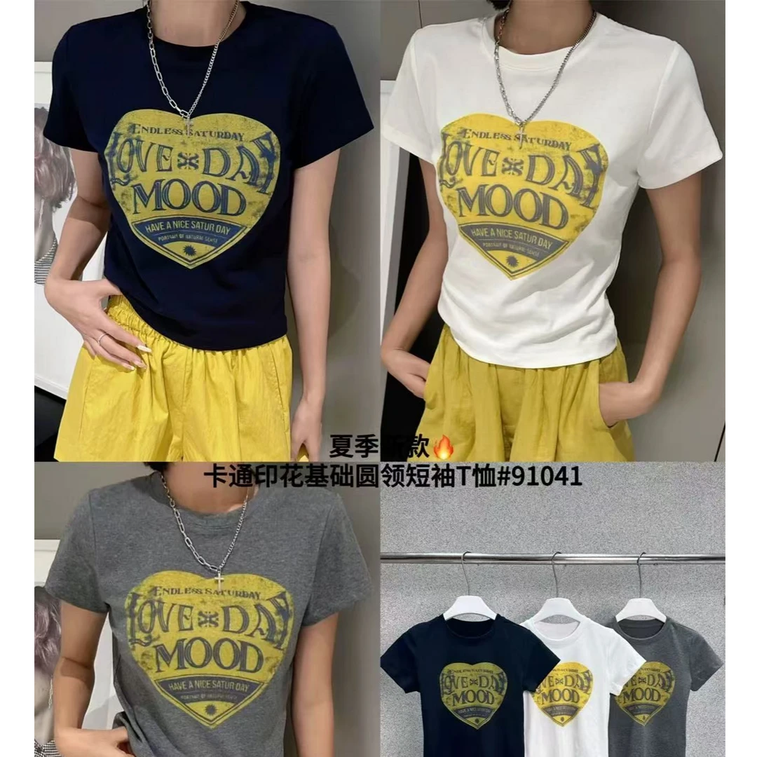 欧洲站2025夏季新款爱心字母印花修身显瘦圆领短袖T恤上衣女10530