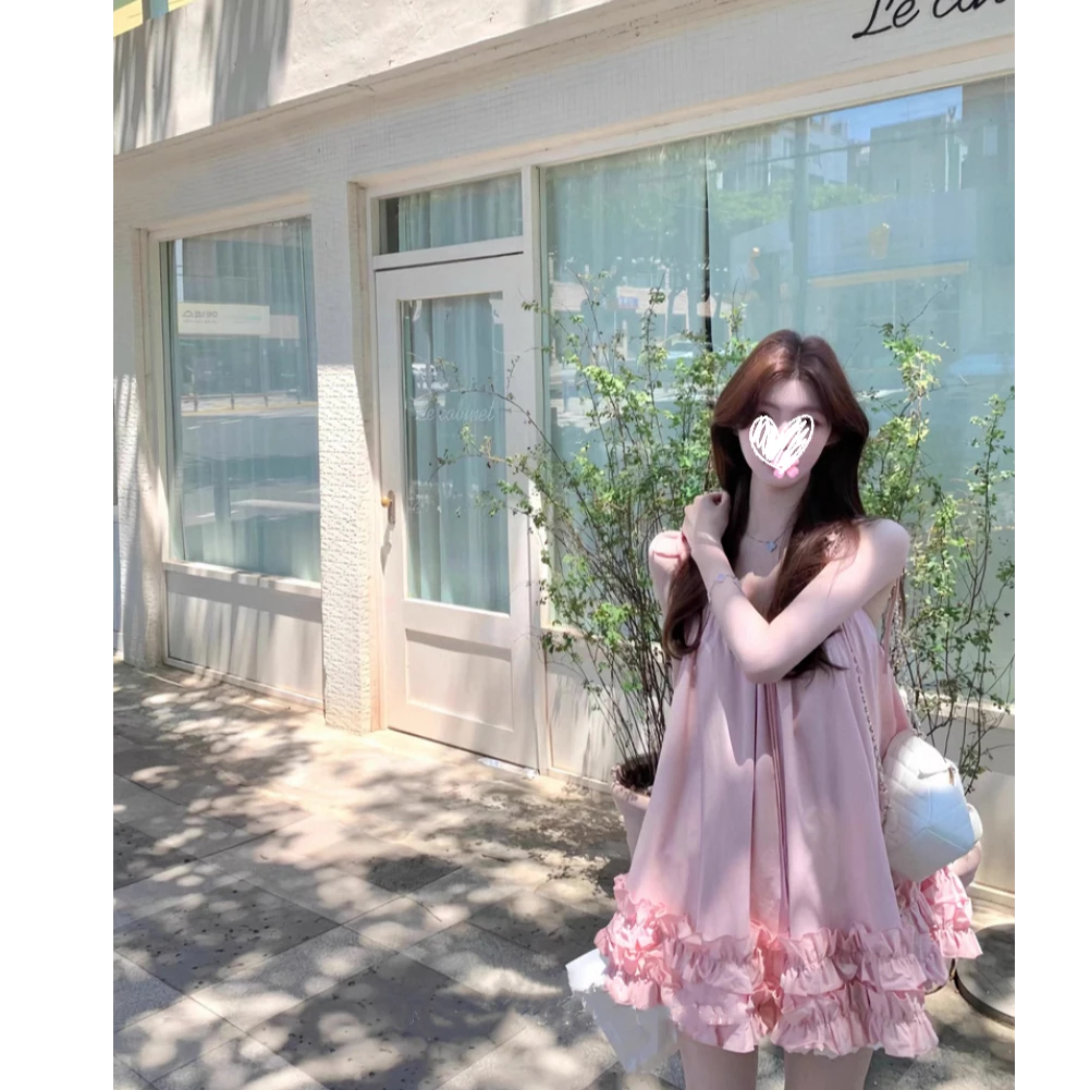 2025夏季新款不规则荷叶边吊带连衣裙女海边度假风裙子