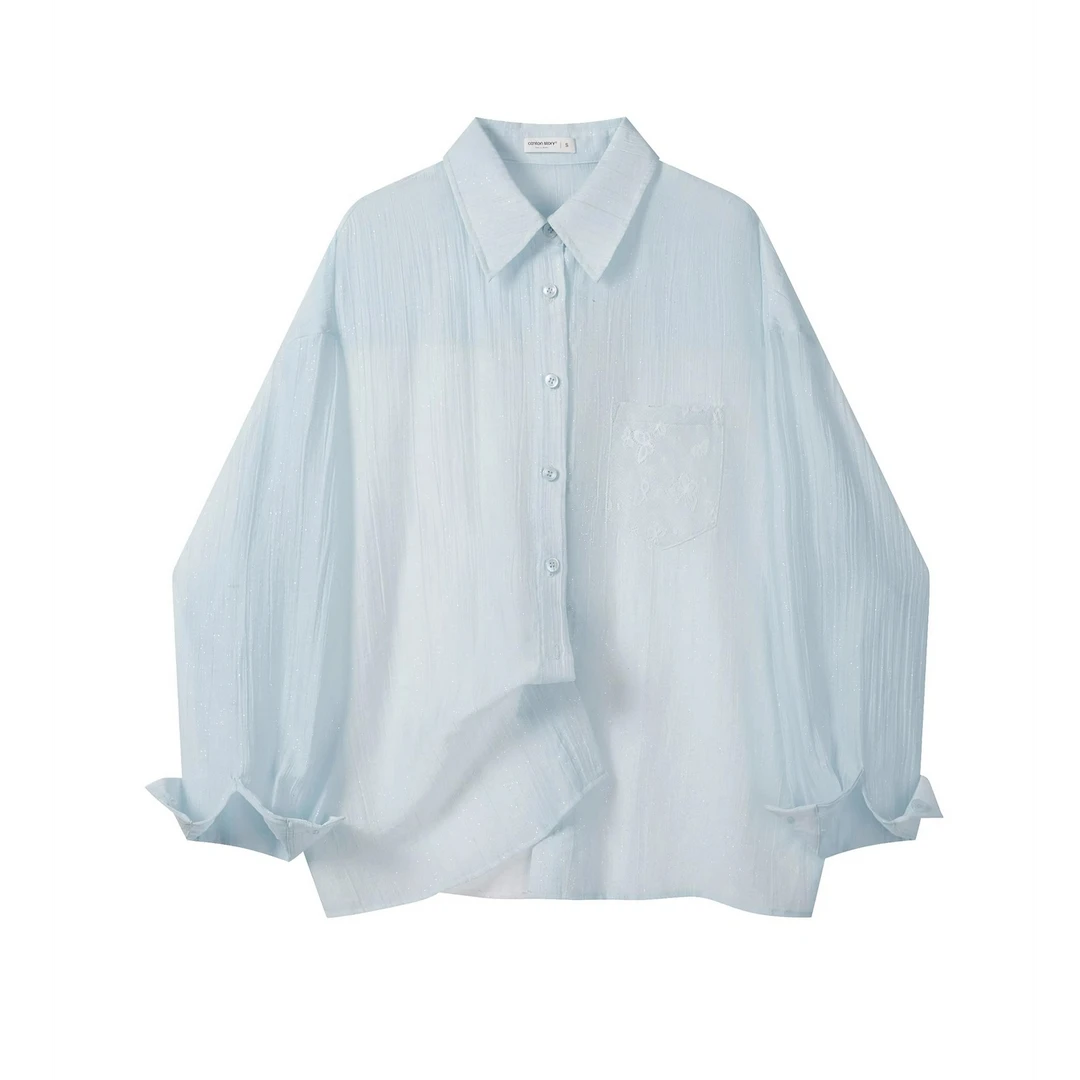 羊城故事-蓝色蕾丝衬衫女2025新款慵懒风夏季宽松外套Y50751956