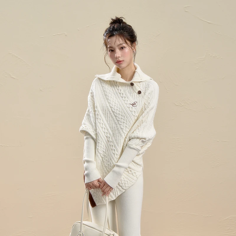 iNSLiiSA 不规则麻花高领针织衫女设计感小众慵懒风蝙蝠袖毛衣秋