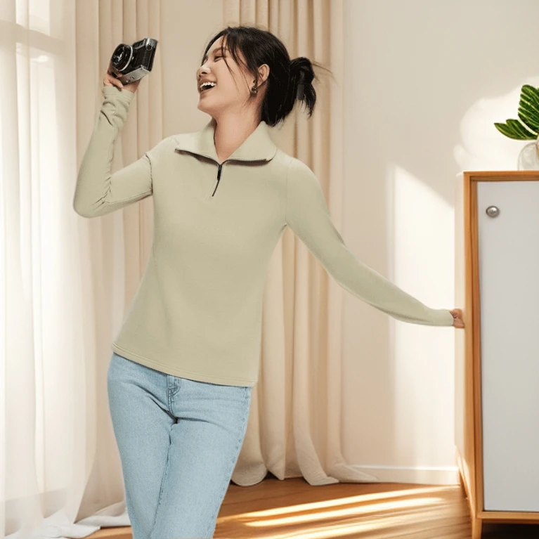 女修身显瘦百搭长袖套头POLO衫时尚休闲女士链接上衣183（YANZ）