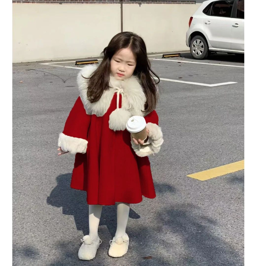 狐狸毛）女童红色大衣冬季童装儿童宝宝洋气小女孩斗篷加厚外套