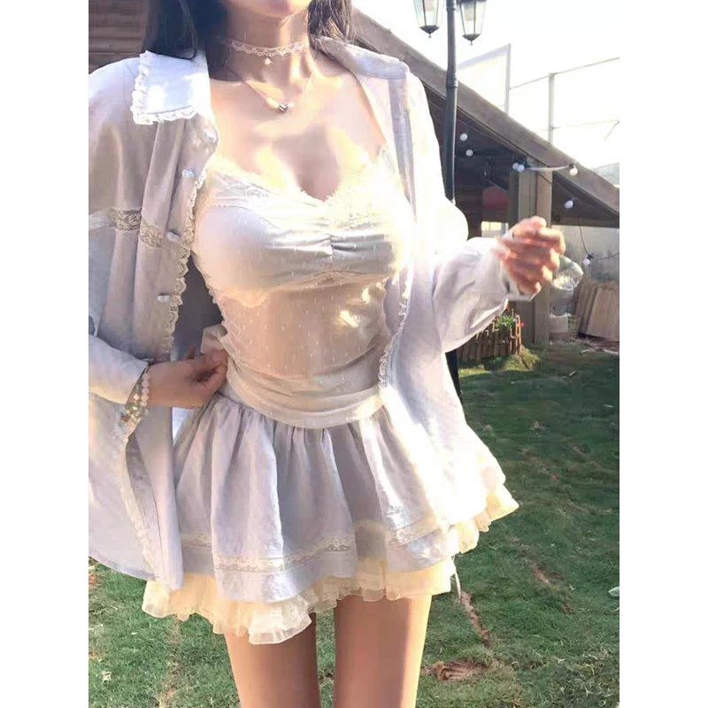 纯欲风套装女三件套春夏季甜美设计感衬衫半身裙吊带背心成套搭配