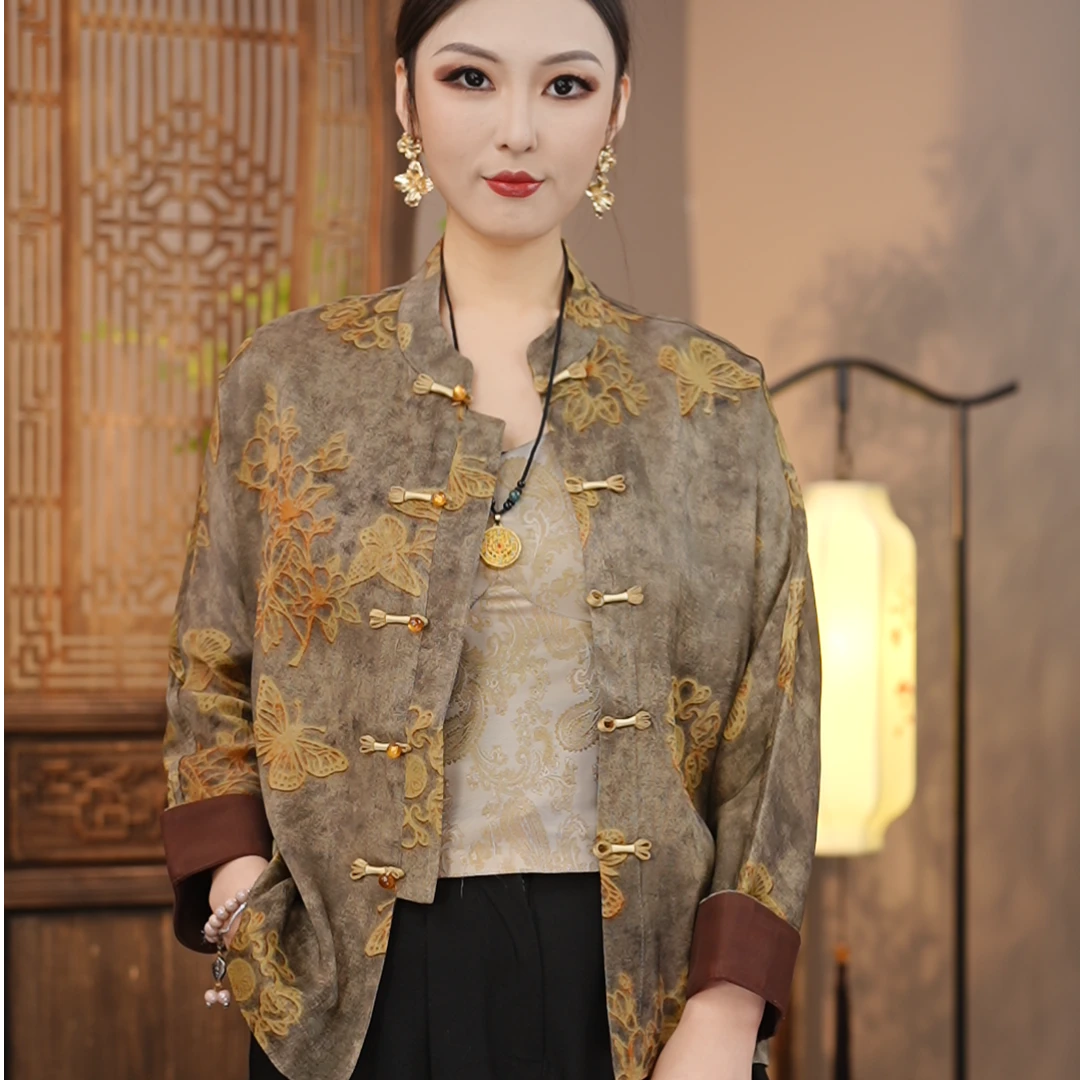 丝年.褐染烟波｜新中式国风时尚百搭高端暗纹提花上衣外套-6130