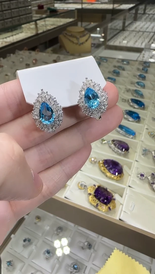 银S925镶嵌托帕石耳饰10*8mm耳扣高级款