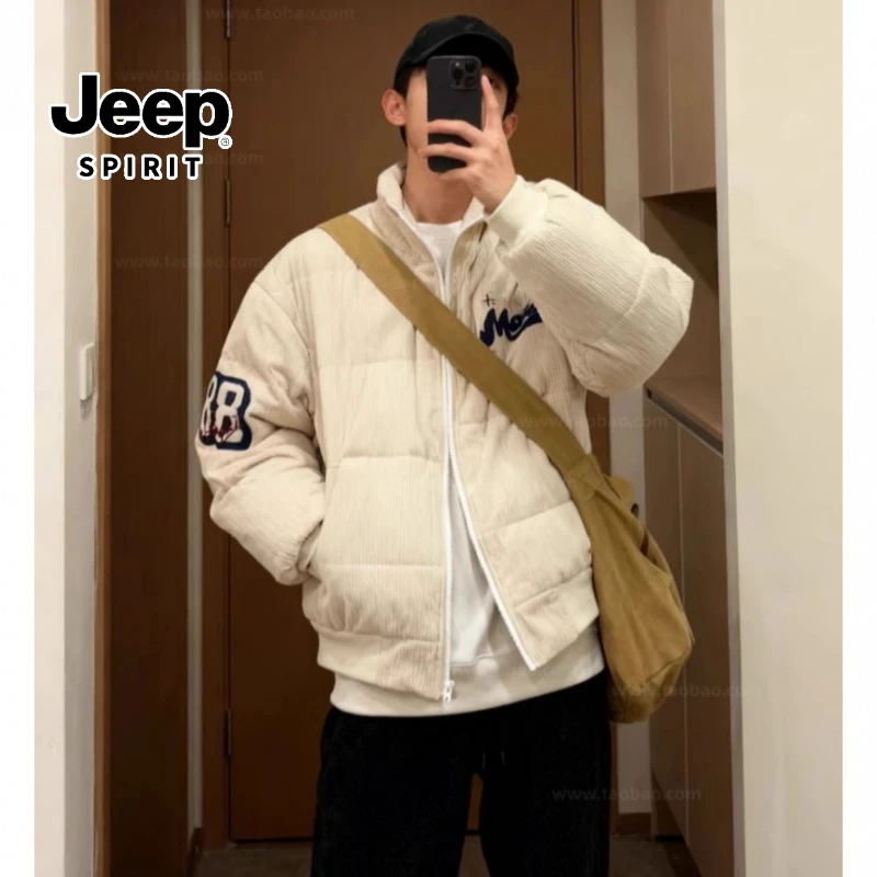 JEEPSPIRIT/吉普复古冬季刺绣立领棉服男女宽松面包服情侣外套
