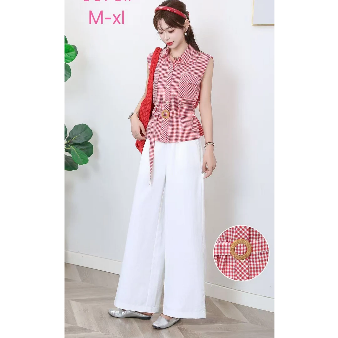 夏季新款小香风收腰显瘦无袖衬衫阔腿裤两件套9973#