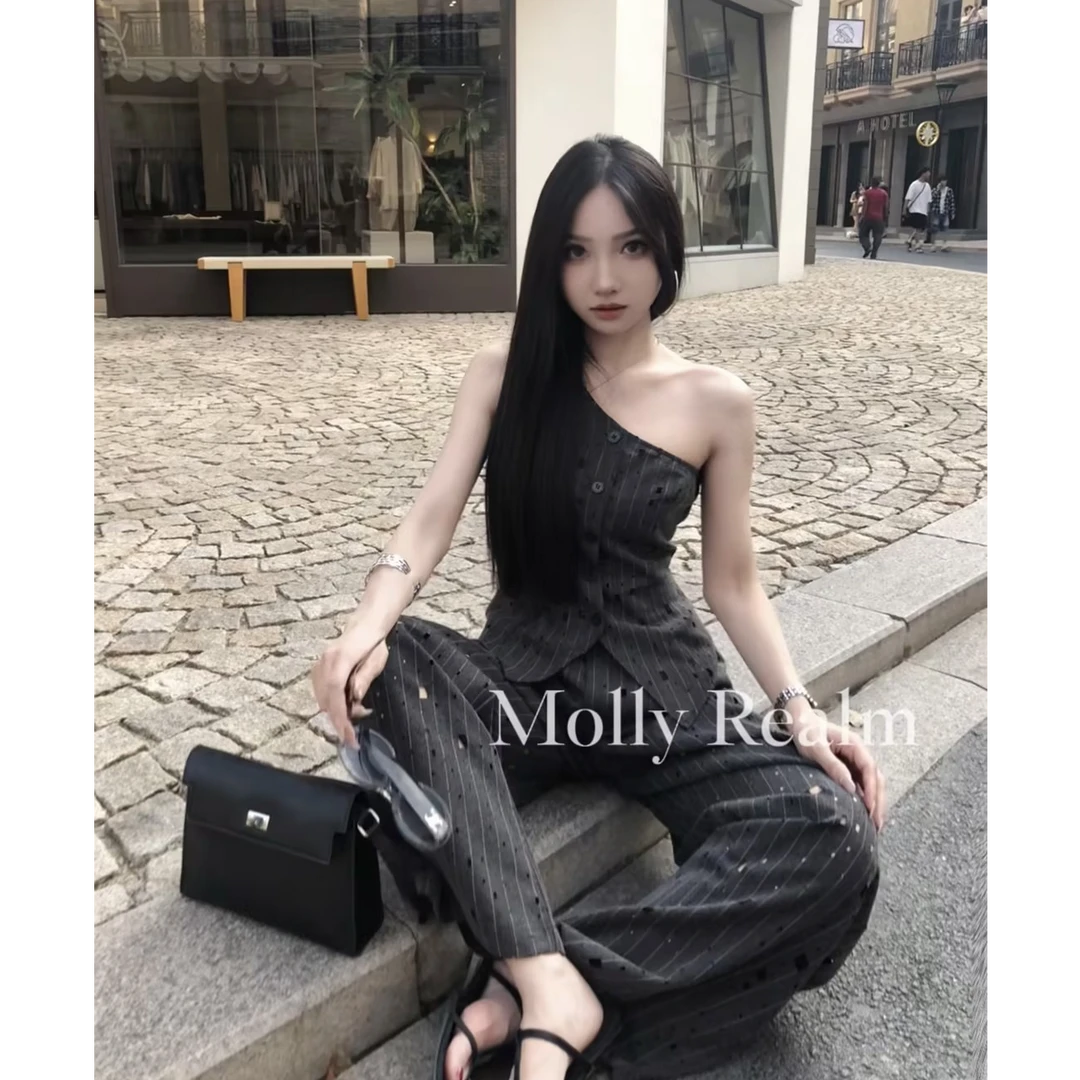 Molly尹茉莉“英伦风尚”极简休闲时尚吊带无袖复古阔腿套装8299
