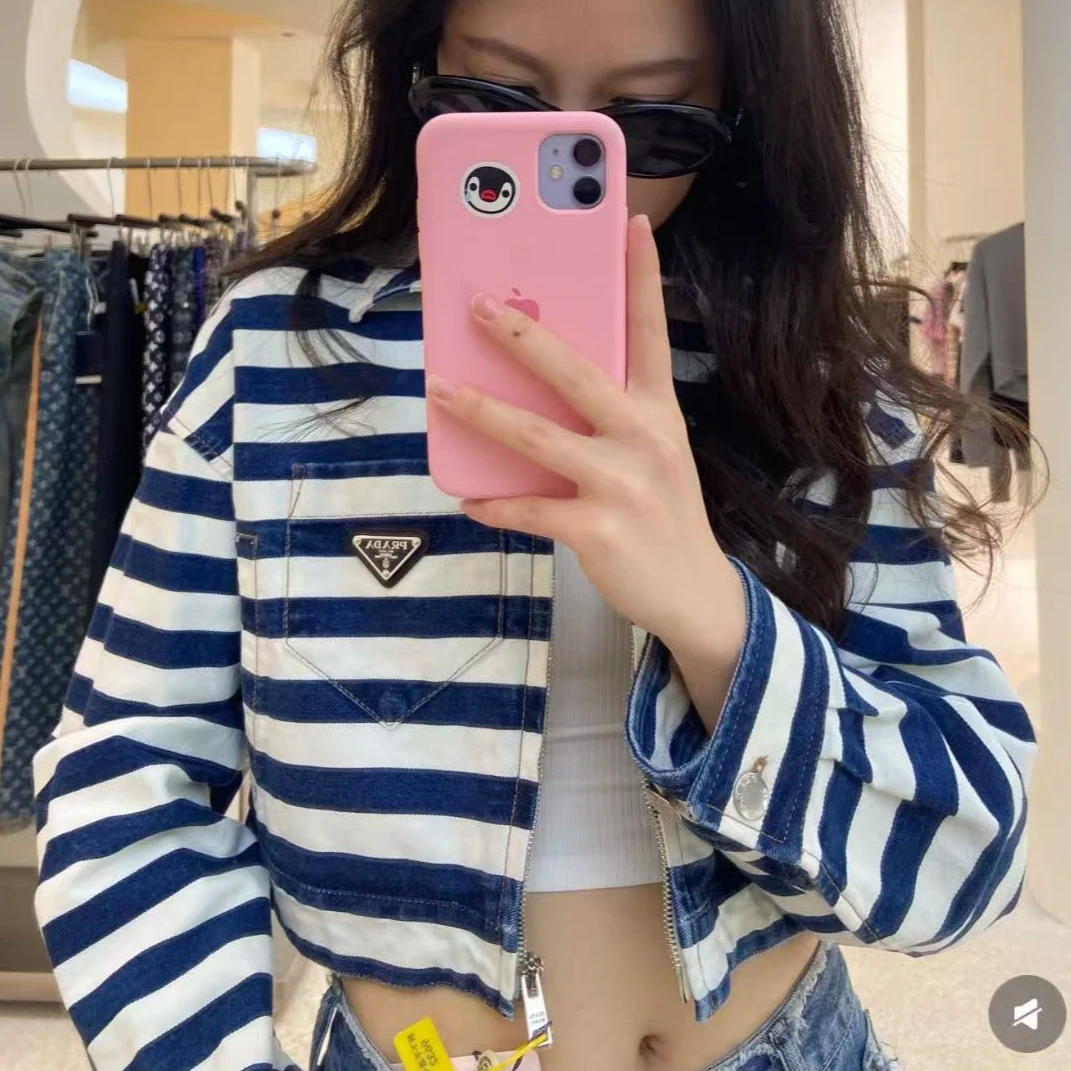 99新 Prada/普拉达 42码/170蓝白条纹金属三角牌短款外套