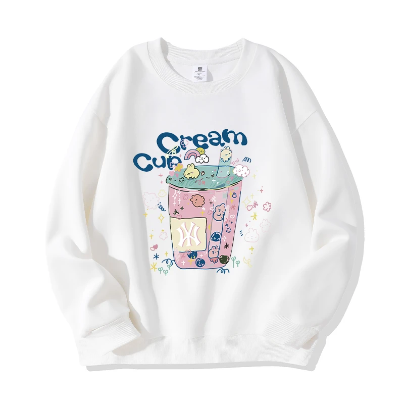 学生长袖宽松型秋季圆领加绒薄款中长款卫衣休闲百搭印花可乐杯