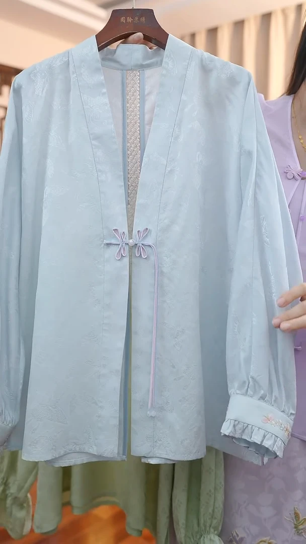 刺绣蓝色V领上衣 桑蚕丝非遗苏绣服饰