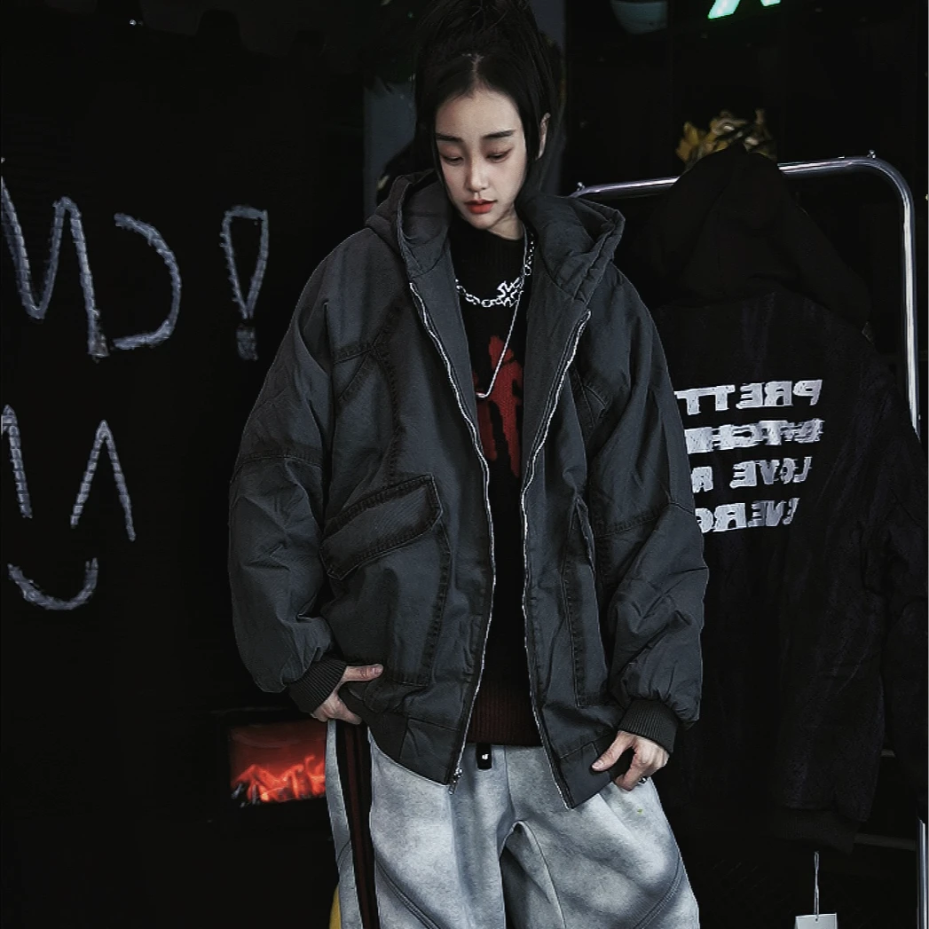 NY潮牌廓形带帽夹克男秋冬新款宽松水洗锈色青少年加厚保暖外套