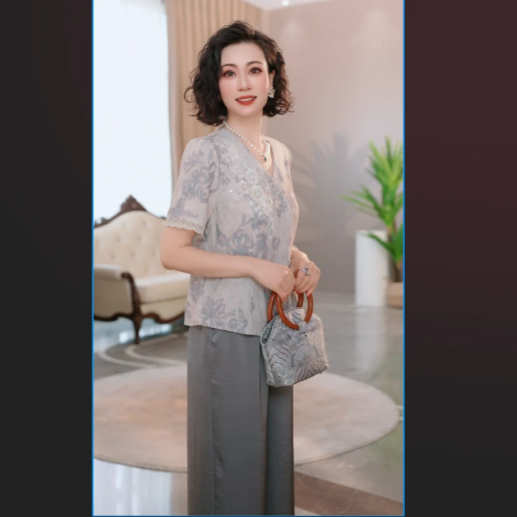 中年妈妈夏装时尚套装2025新款气质中老年女装宽松两件妈妈装夏季