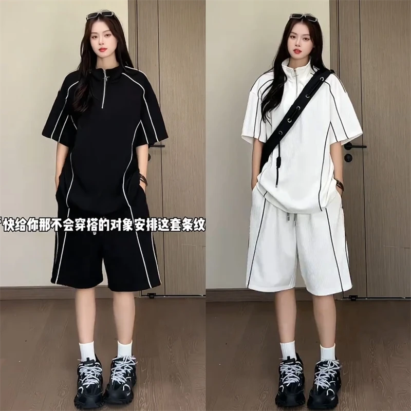 夏季新款冰感拼接条纹休闲运动套装男宽松百搭情侣短袖短裤两件套