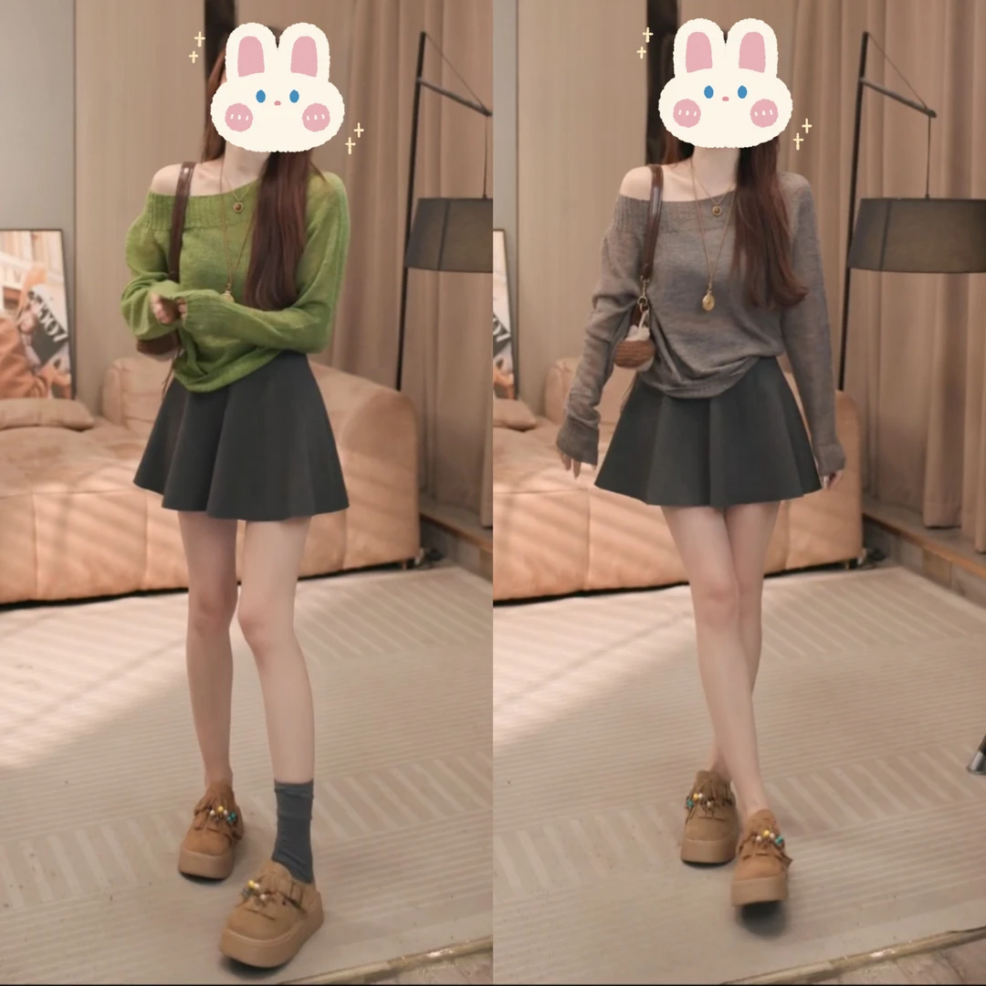 秋季宽松显瘦薄款打底衫针织纯色毛针织衫+蓬蓬百搭A字裙BB50288