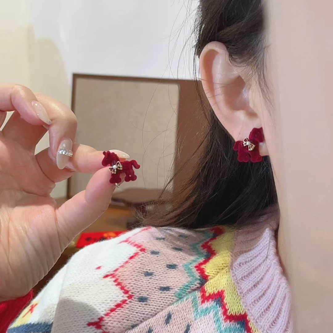 合金耳饰 少女风丝绒小马可爱素款气质日韩简约红色ins小众耳钉