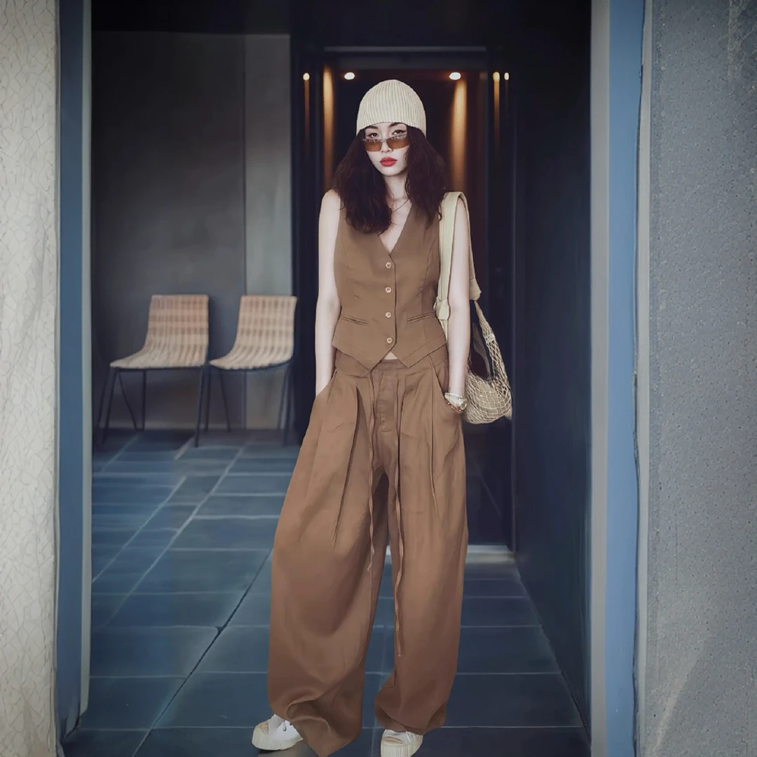 老钱风亚麻马甲套装女2025夏季复古显瘦无袖西装背心休闲裤两件套