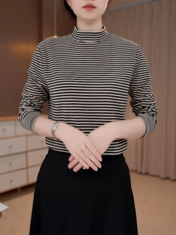 Y294秋冬新款女士内搭胖mm高端德绒保暖半高领条纹上衣