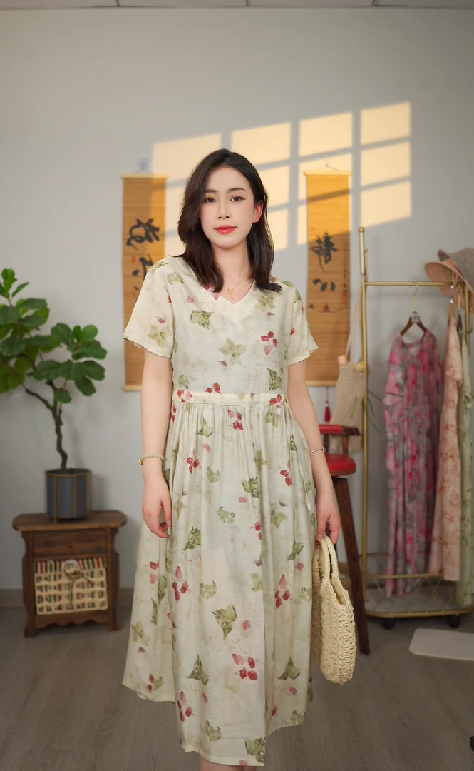 D016新款中国风印花连衣裙2025款夏季气质国风中长款裙子