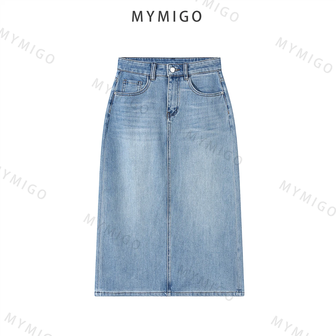 【MYMIGO】・蒙塔尼・夏季四面弹后开叉八分宽松A字版2025牛仔半身裙