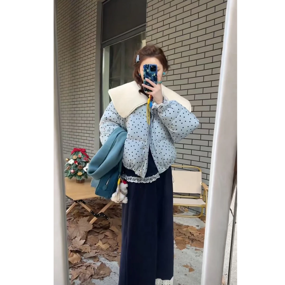 秋冬新款波点不起球女娃娃领圆领棉衣棉服休闲小香风满印