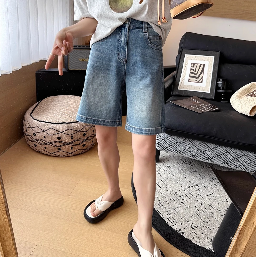 夏季新款百搭高腰A字牛仔短裤大码梨形身材显瘦宽松阔腿五分裤