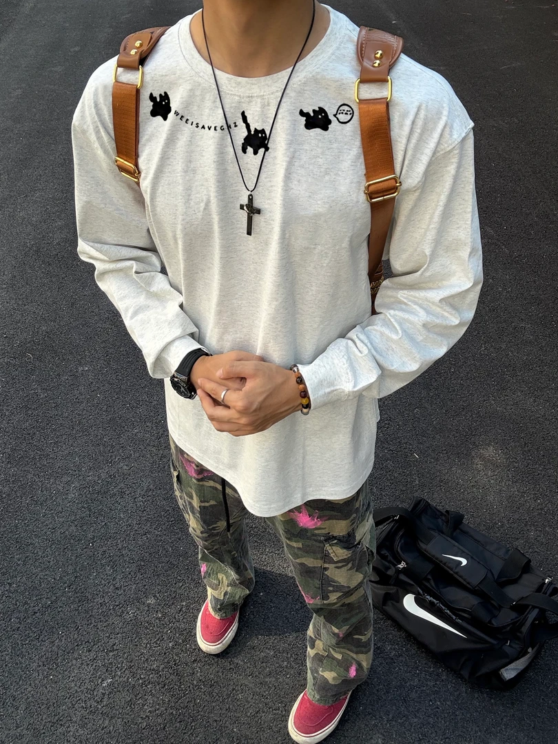 【重磅纯棉】春秋新款美式休闲百搭宽松圆领高街运动潮流男长袖T恤