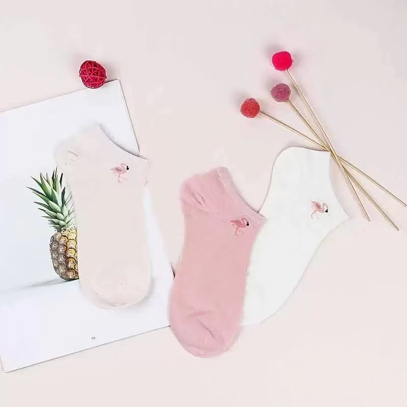 春夏天薄款女甜美简约可爱短袜火烈鸟动物图案女袜子潮流时尚船袜