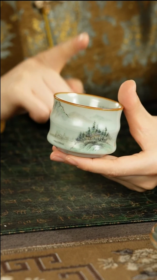 善窑厂汝窑手绘山水竹节杯